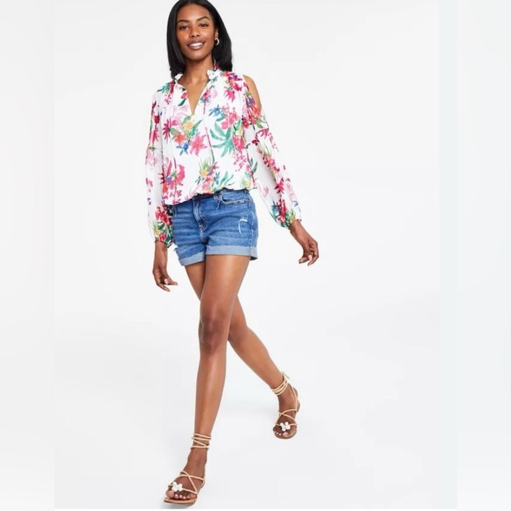 INC International Concepts Floral Cold-Shoulder Top - White and Pink Size S